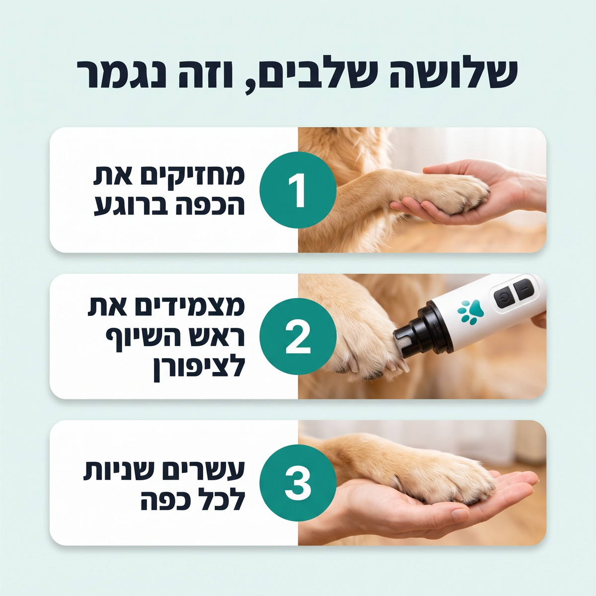 שלושה שלבים וזה נגמר. מחזיקים את הכפה, מצמידים את ראש השיוף, עשרים שניות לכל כפה