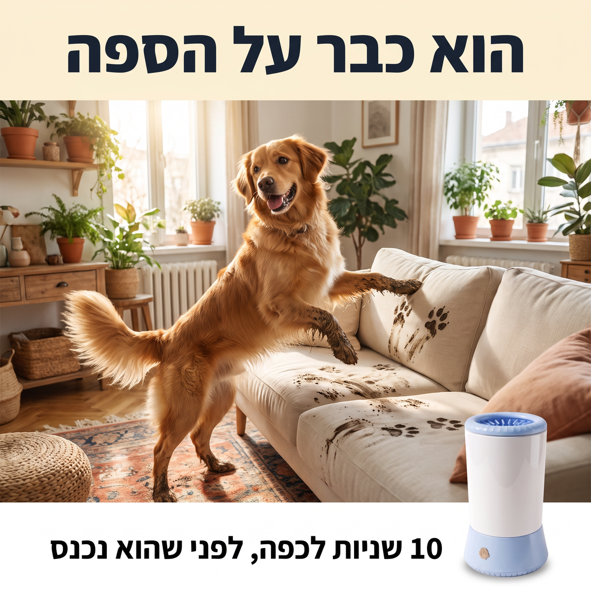 הוא כבר על הספה. 10 שניות לכפה לפני שהוא נכנס